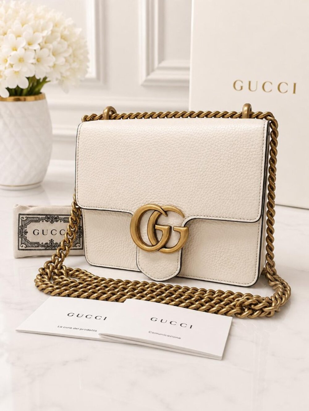 Authentic Gucci GG Marmont White Leather Shoulder Bag